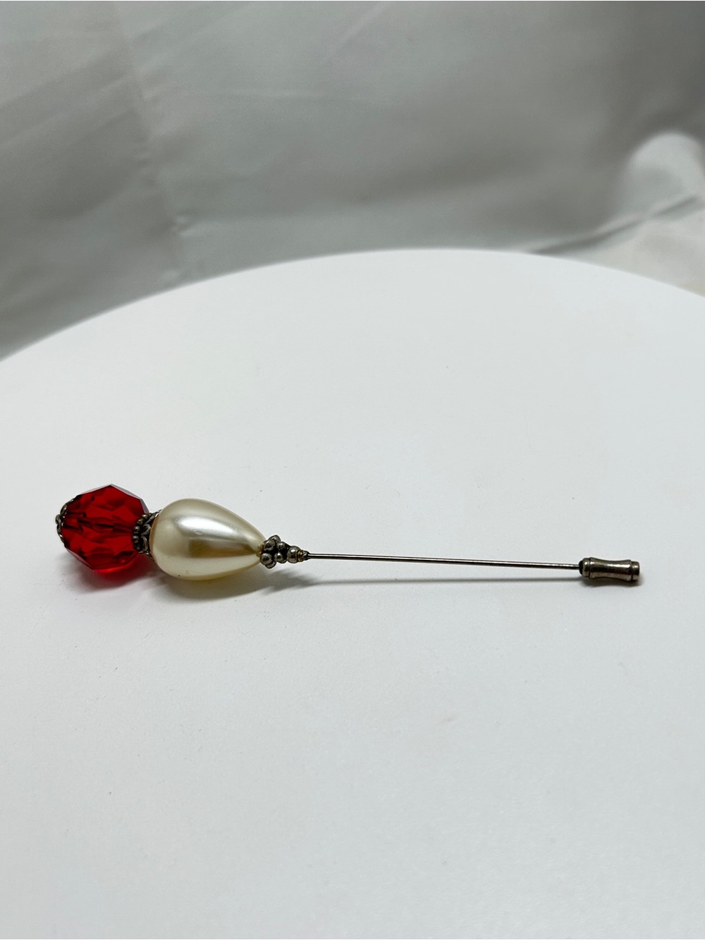 Vintage Long Red Crystal And Pearl Hat Pin, 5”